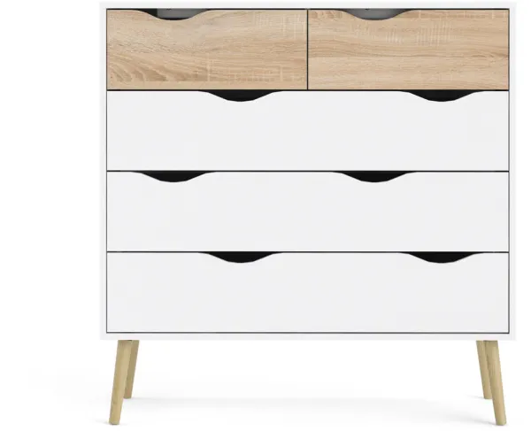 TVILUM Delta kommode - hvid/egestruktur, m. 5 skuffer